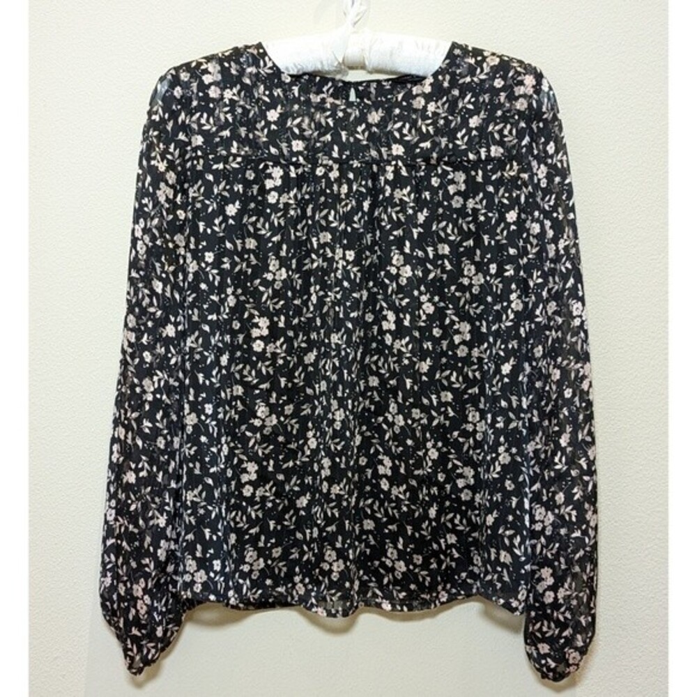 Lucky Brand Metallic Threads Floral Print Black Blouse